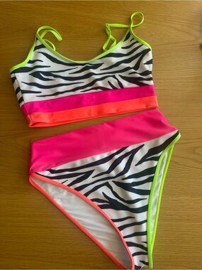 Size large Beach Riot White zebra Bikini Top/bottom w/ Neon Lime & Coral
